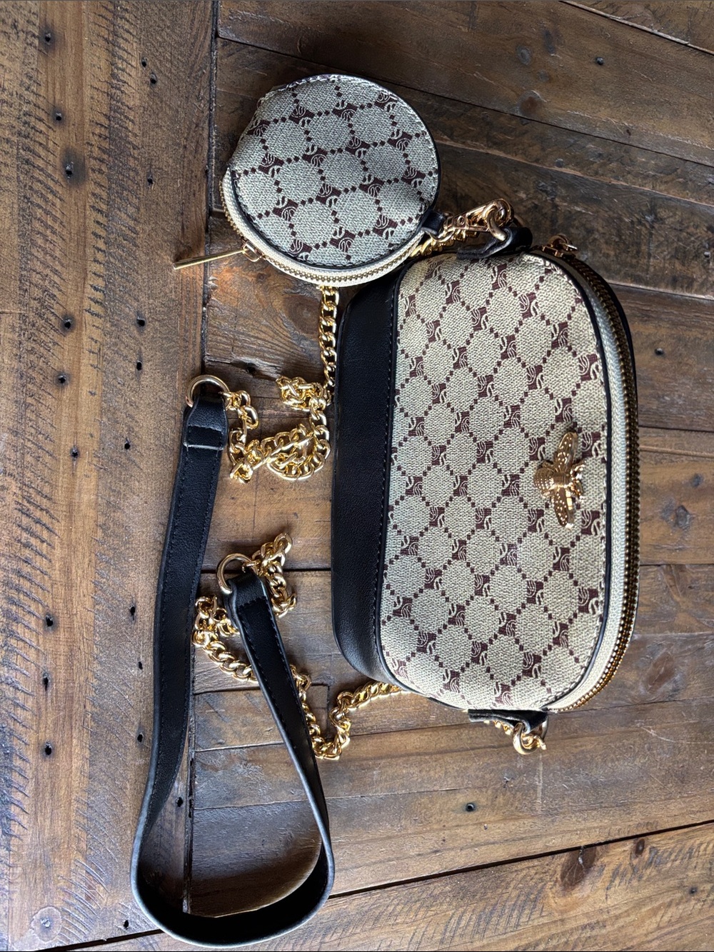 Beige and Brown Monogram Crossbody Bag with Coin Pouch